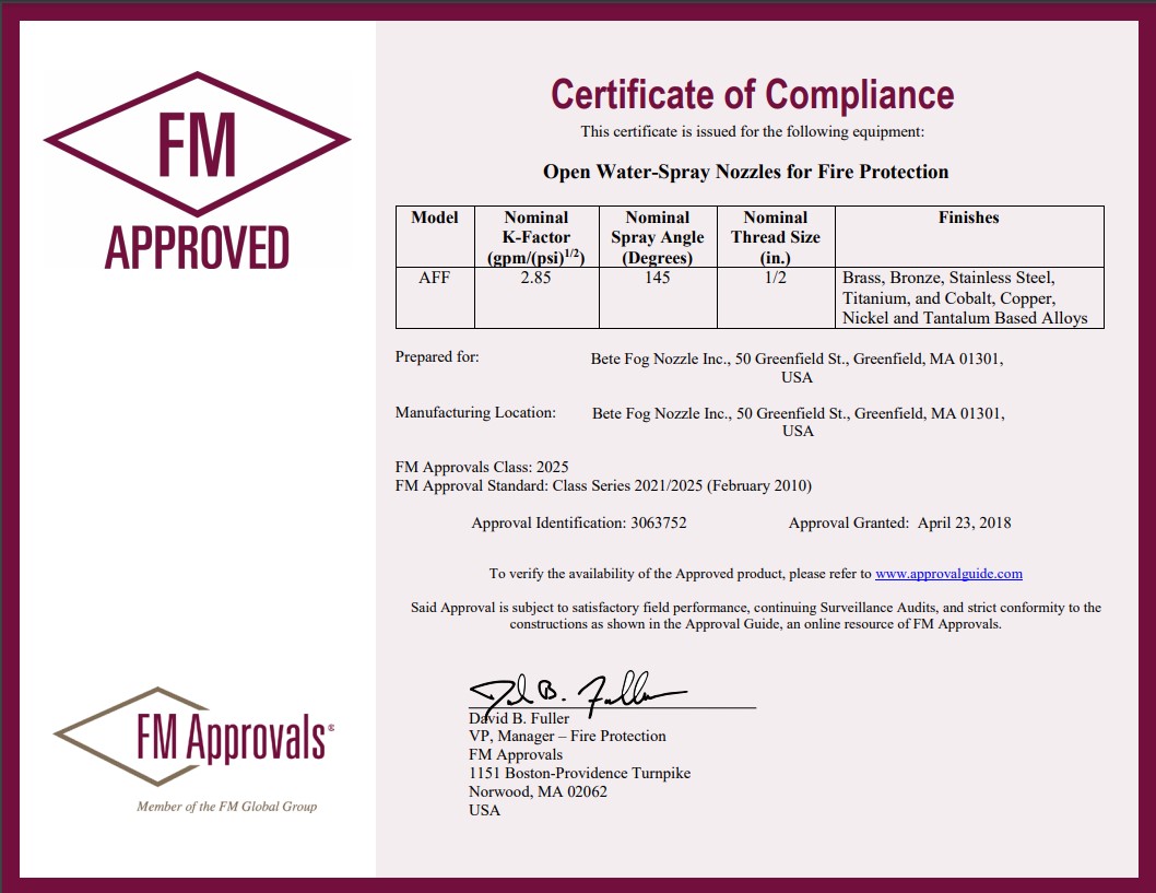 BETE AFF Flat Fire Protection Nozzles - Certificate of Compliance - for Fire Protection