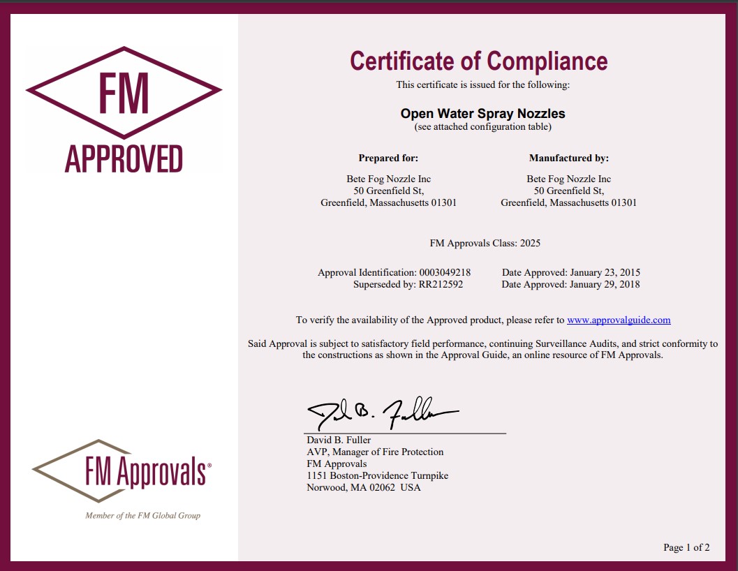 BETE AFF Flat Fire Protection Nozzles - Certificate of Compliance