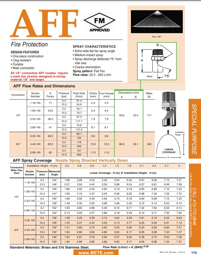 BETE AFF Flat Fire Protection Nozzles Datasheet - Metric