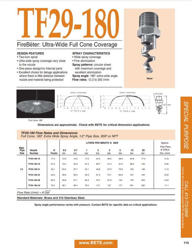 BETE TF29-180 Firebeter Fire Protection Nozzles Datasheet - Metric