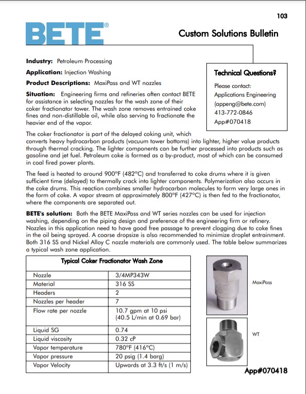 Custom Spray Nozzle Solutions - Coke Fractionator Tower Wash Nozzle