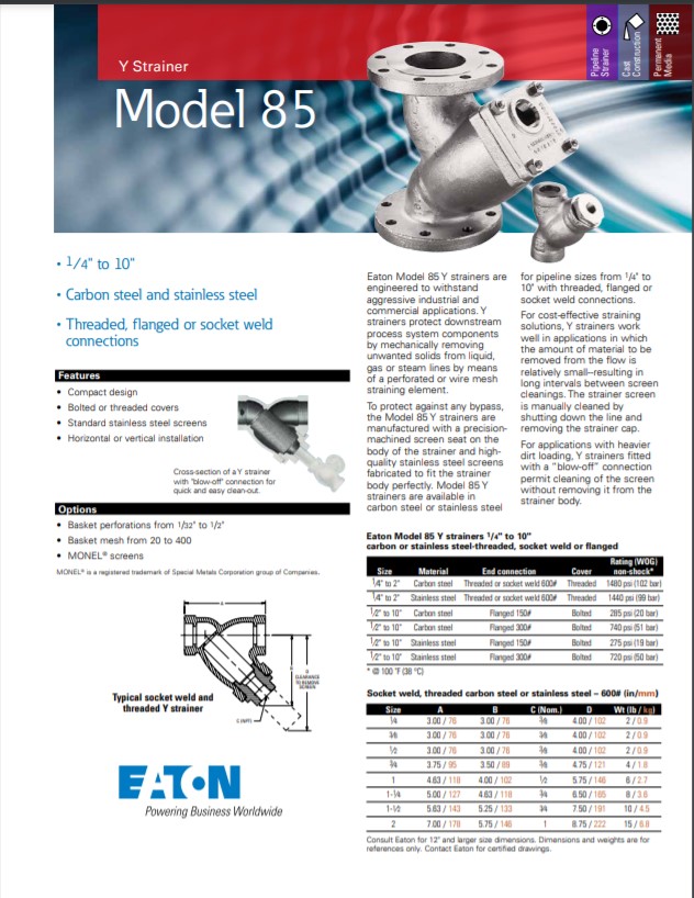 EATON Y Simplex Basket Strainers