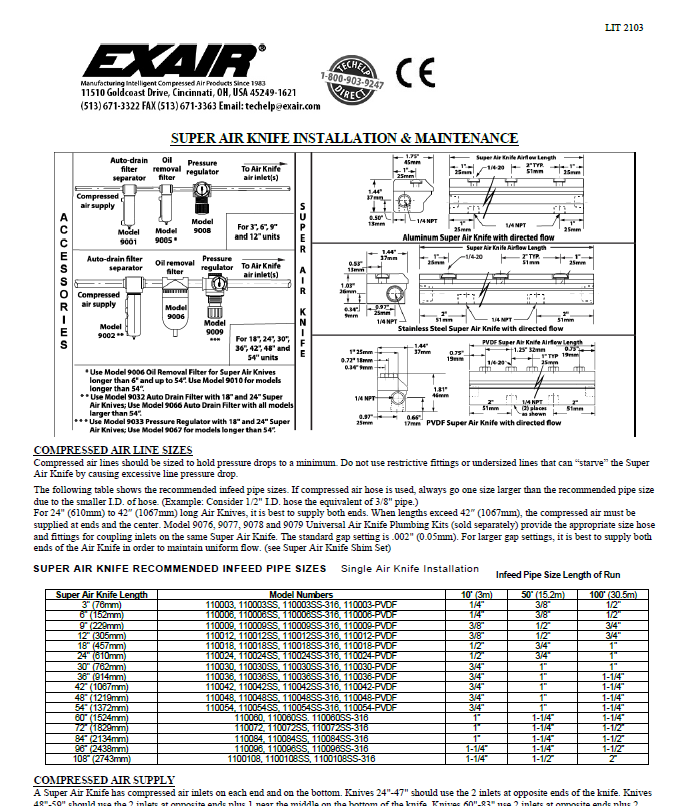 Exair Super Air Knife Installation Sheet