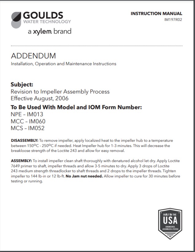 Goulds Xylem MCC Instruction Manual Addendum