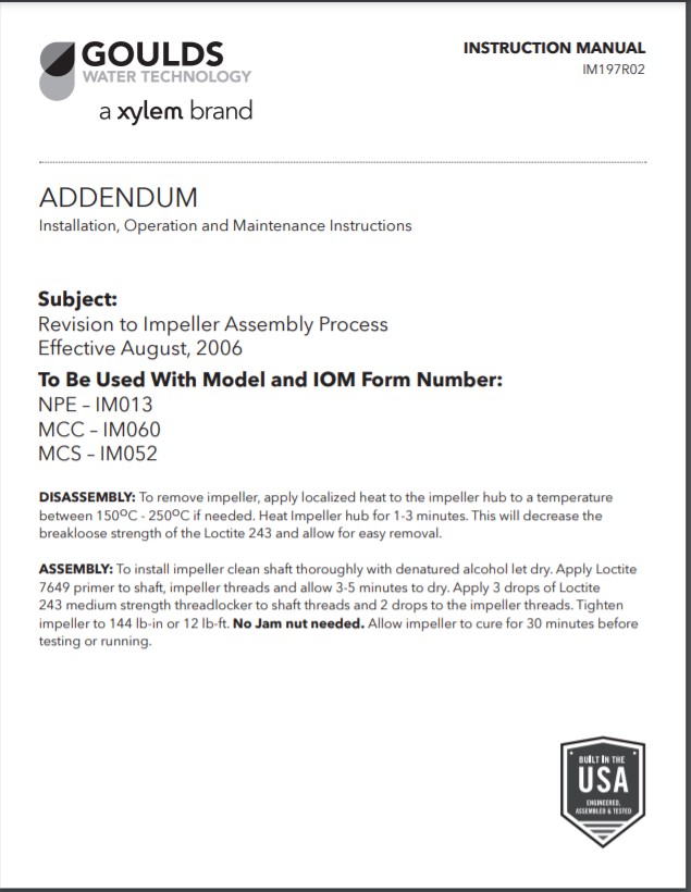 Goulds Xylem MCC Instruction Manual Addendum