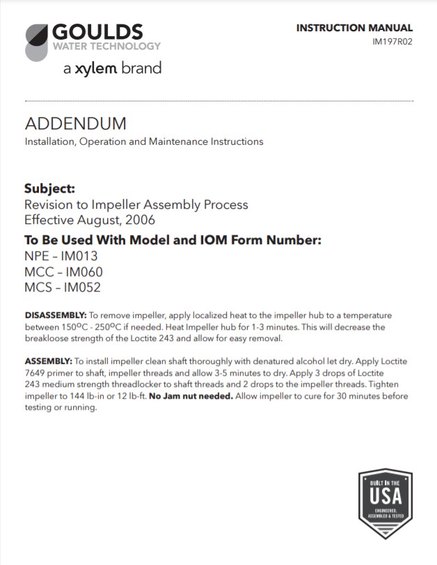 Goulds Xylem MCS Instruction Manual AddendumGOULDS-XYLEM-MCS-REPAIR-PARTS