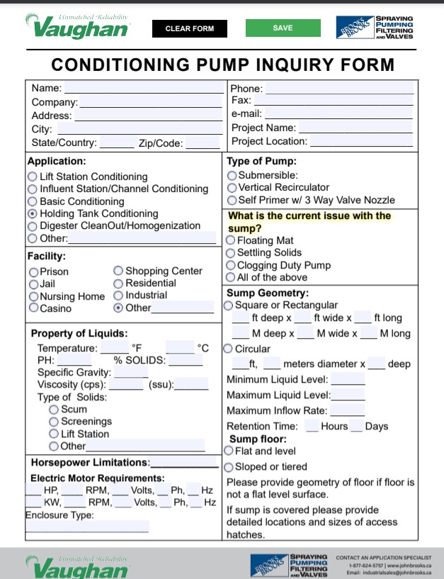 JB Vaughan Conditioning Pump Inquiry Form