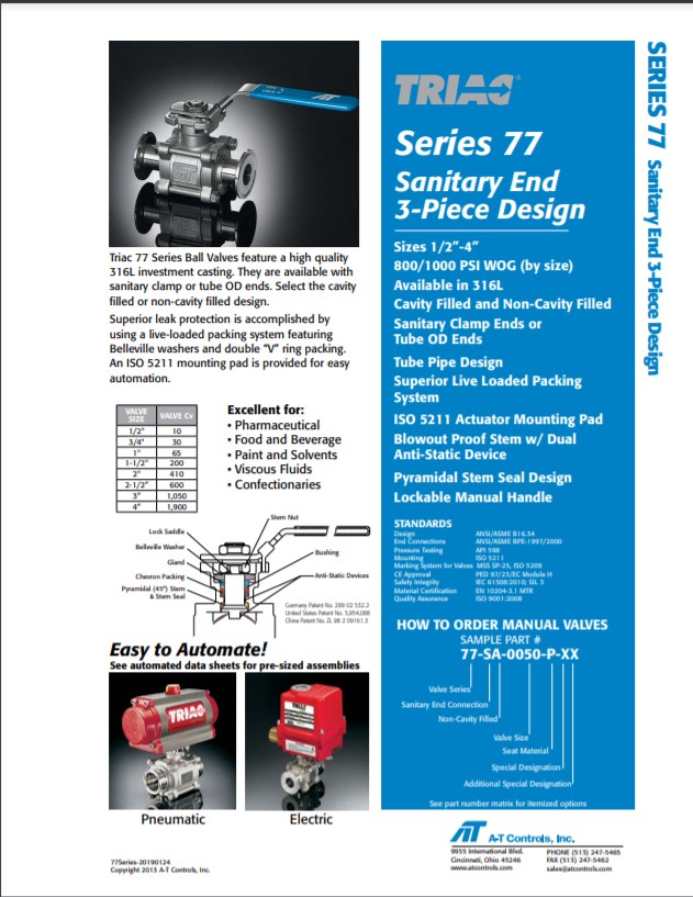 AT Controls Triac 77 Series Sanitary End Ball Valves