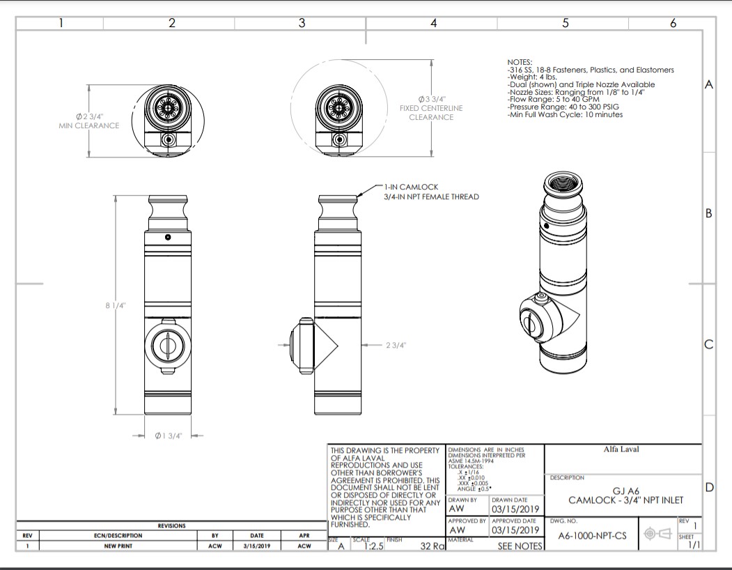 Alfa Laval GJ A6 NPT Camlock Drawing