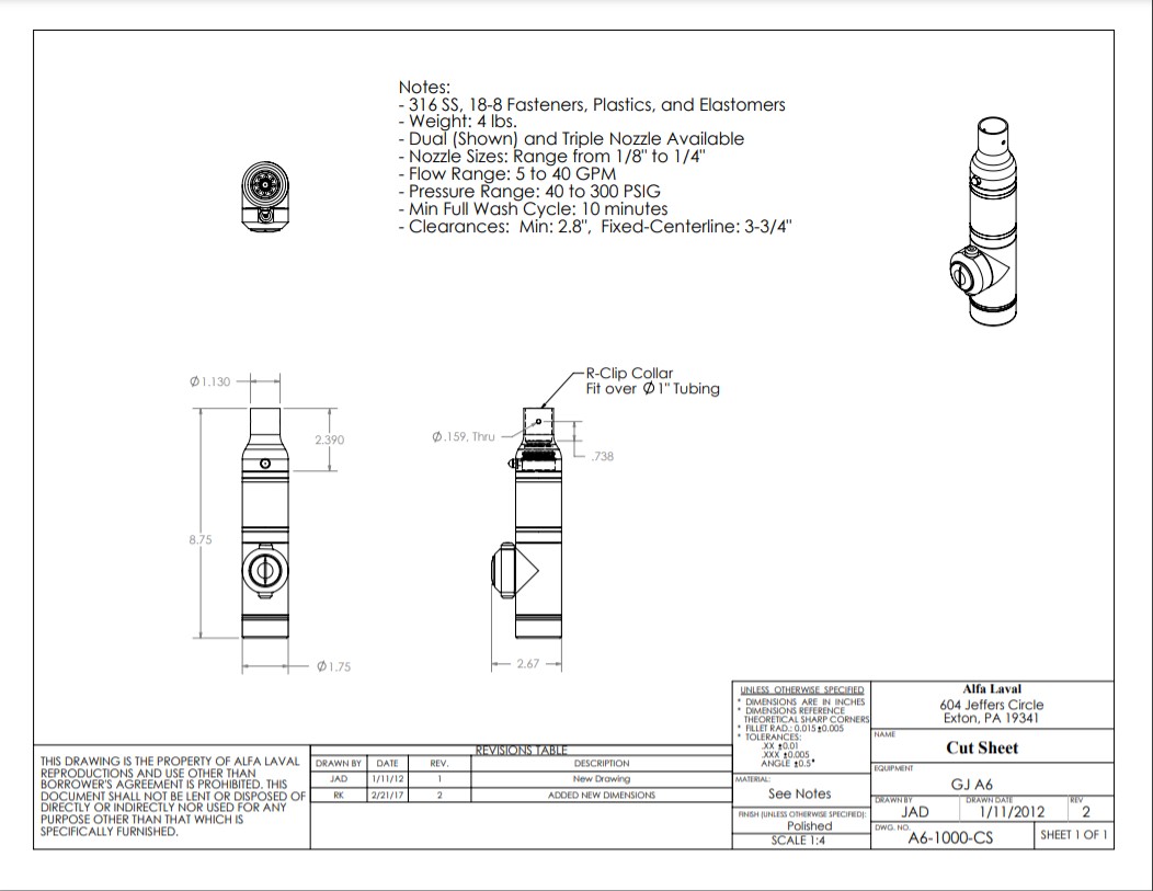 Alfa Laval GJ A6 With R Clip Drawing