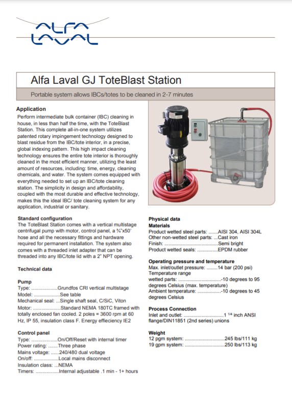 Alfa Laval GJ ToteBlast Station - Product Brochure