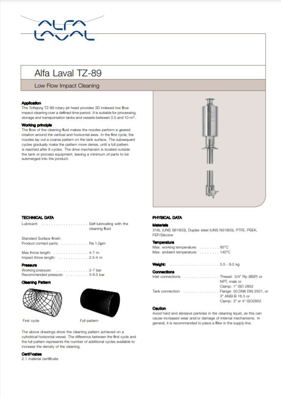 Alfa Laval TJ TZ 89 Product Brochure