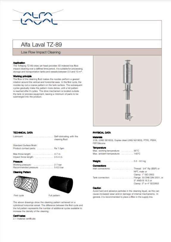 Alfa Laval TJ TZ 89 - Product Brochure