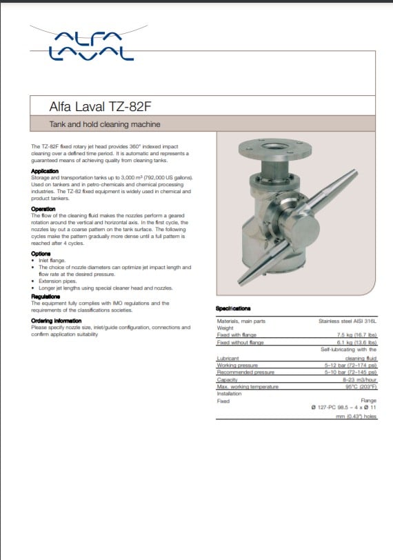  Alfa Laval TZ 82F Product Brochure