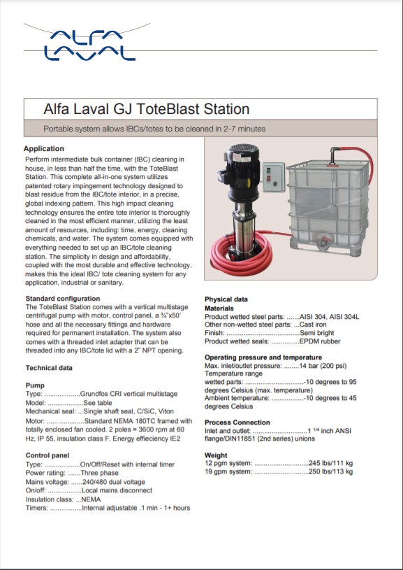 Alfa Laval Tote Blast Station Brochure
