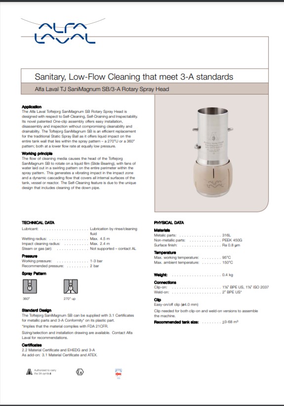 Alfa Laval Sanimagnum SB 3A Rotary Spray Head