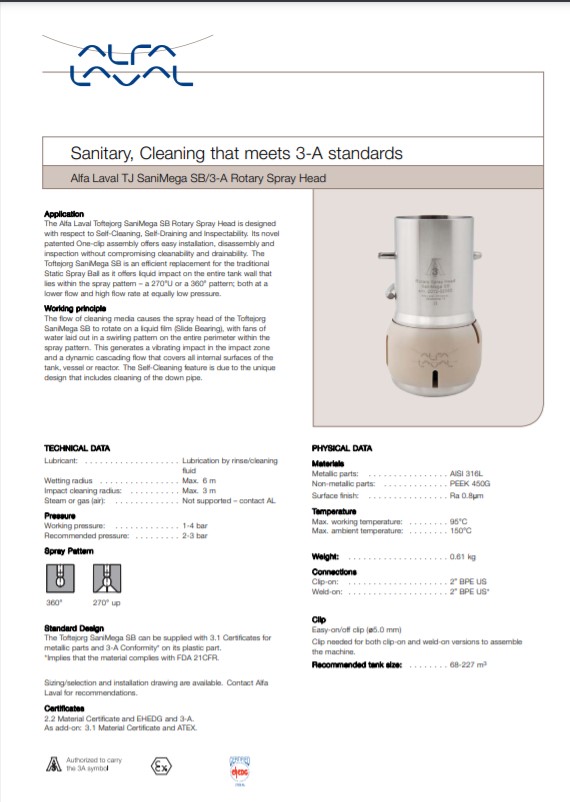 alfa laval sanimega sb 3a rotary spray head