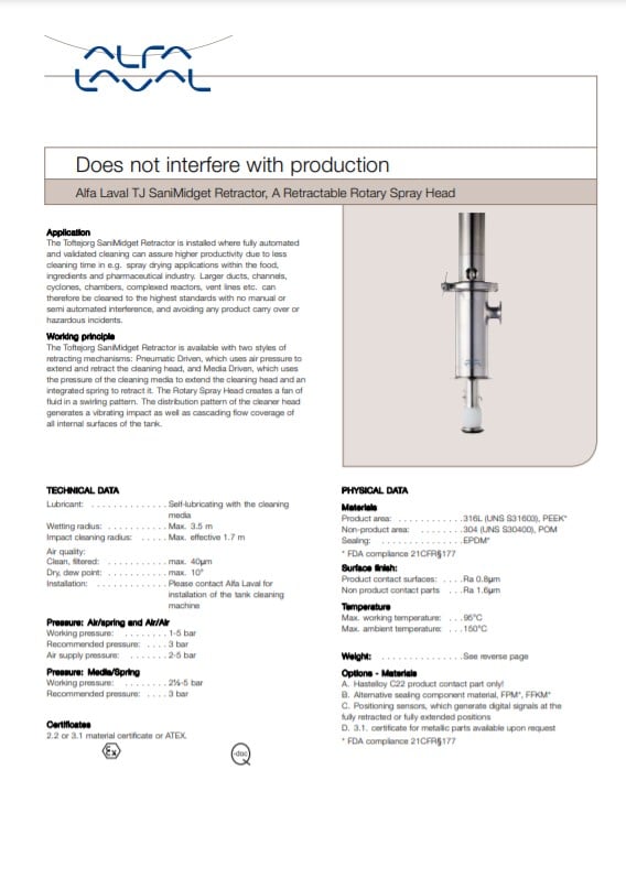 Alfa Laval SaniMidget Rotary Spray Head - Manual