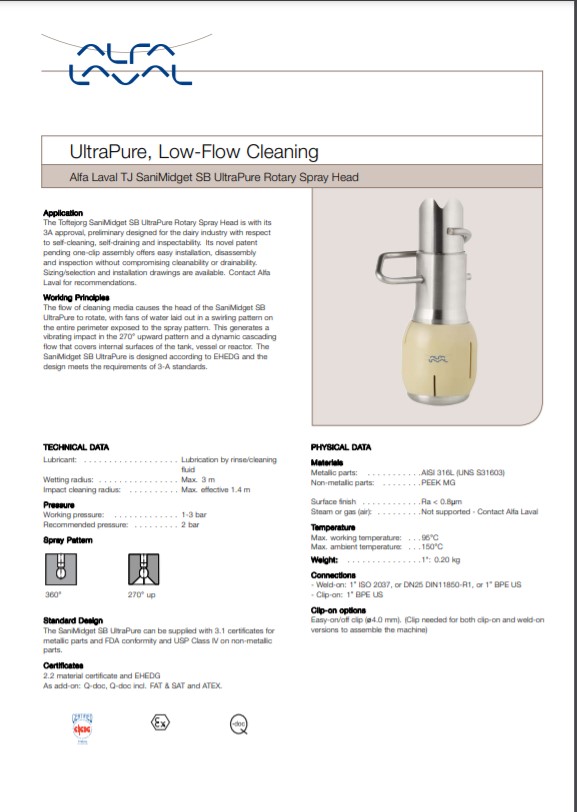 alfa laval sanimidget sb ultrapure 3a rotary spray head