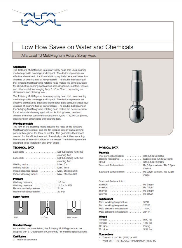 Alfa Laval Multimagnum Rotary Spray Head -Product Brochure 
