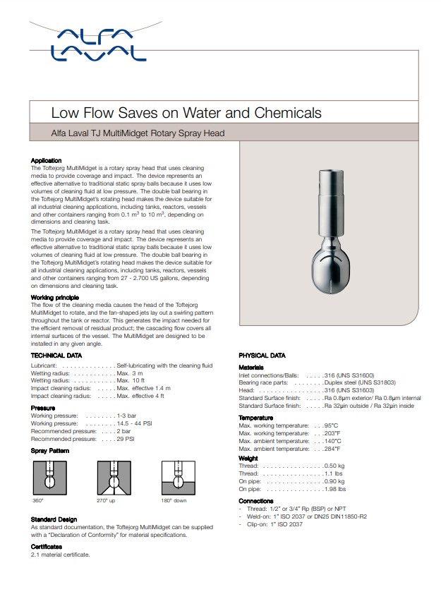 Alfa Laval Multimidget Rotary Spray Head - Product Brochure