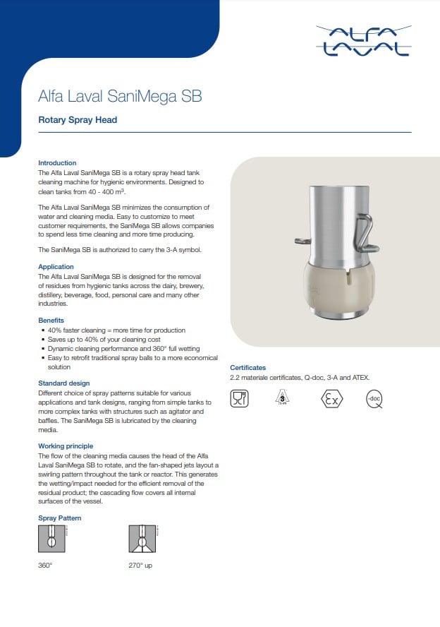 Alfa Laval SaniMega - SB 3A Rotary Spray Head - Product Brochure