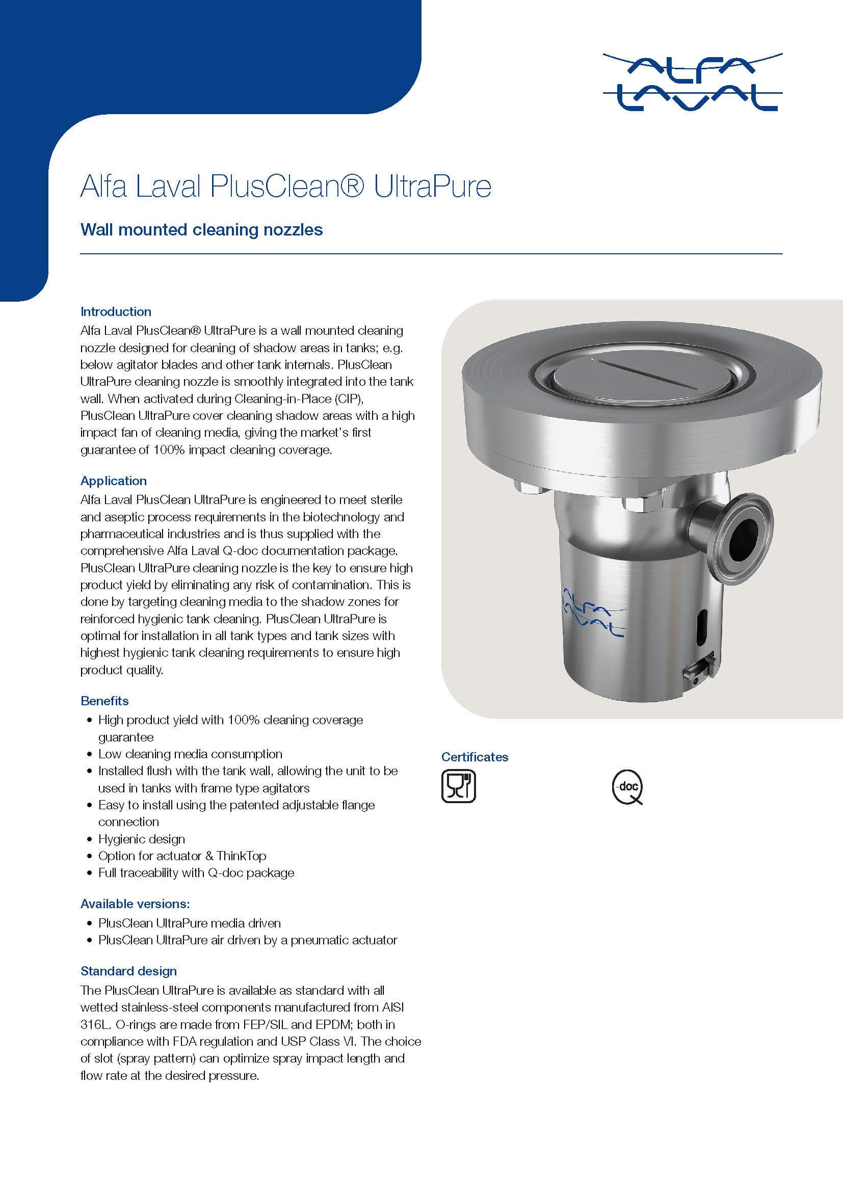 Alfa Laval PlusClean UltraPure Product Data Leaflet