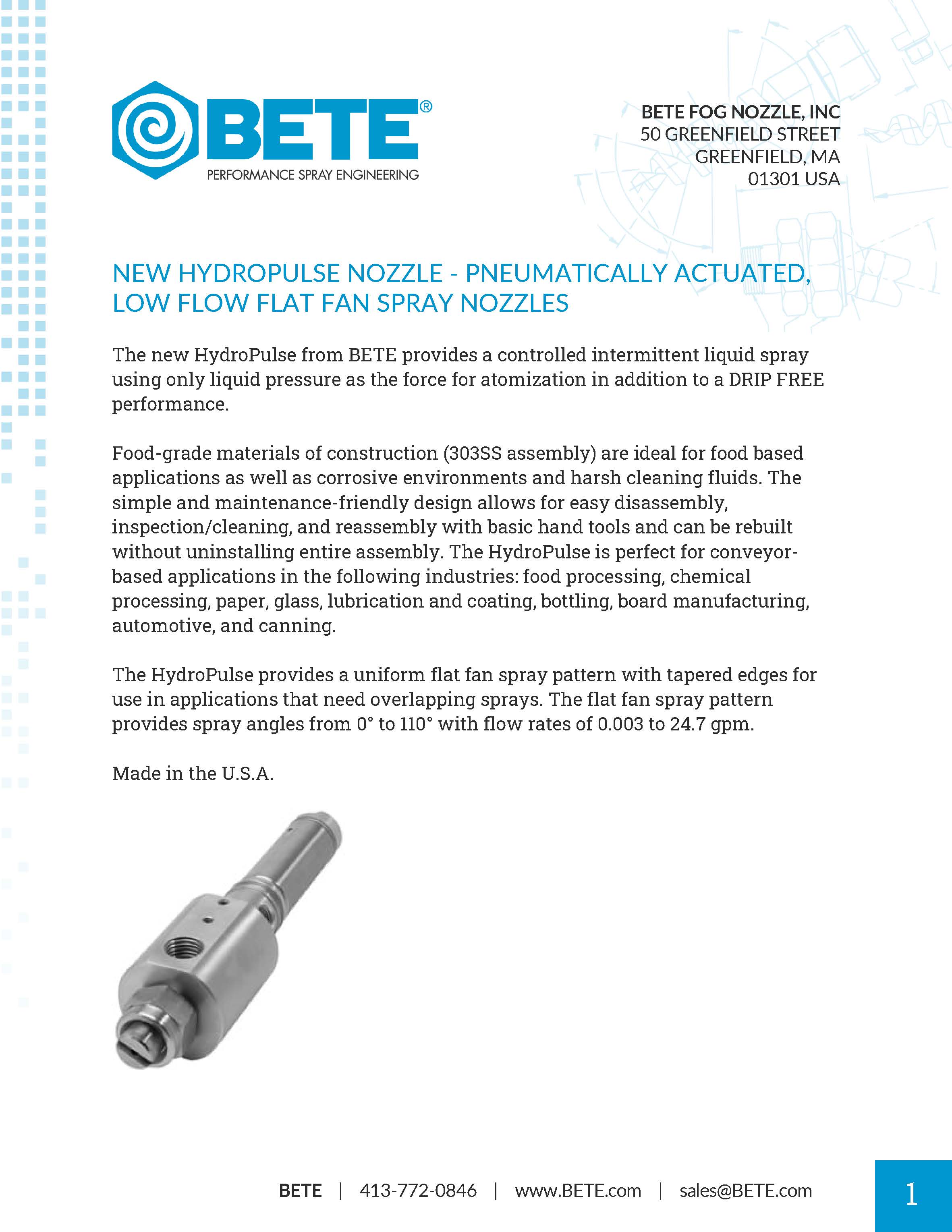 BETE HydroPulse Pneumatically Actuated Low Flow, Medium Angle, Flat Fan Spray Nozzles