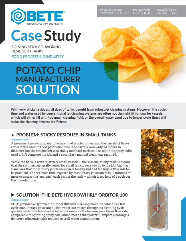 BETE HydroWhirl Orbitor 100 Case Study for Potato Chip Flavoring Tank Washing