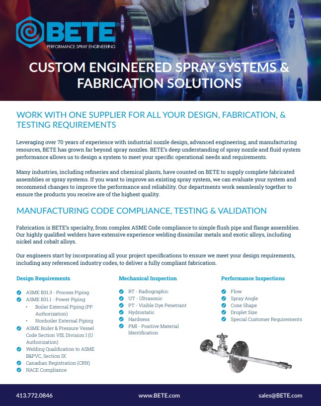 BETE Spray Nozzles - Custom Engineered Spray Systems & Fabrication Solutions Line Card