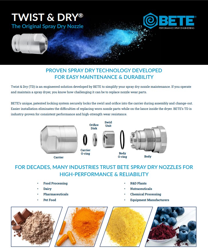 BETE Spray Dry Nozzle Line Card