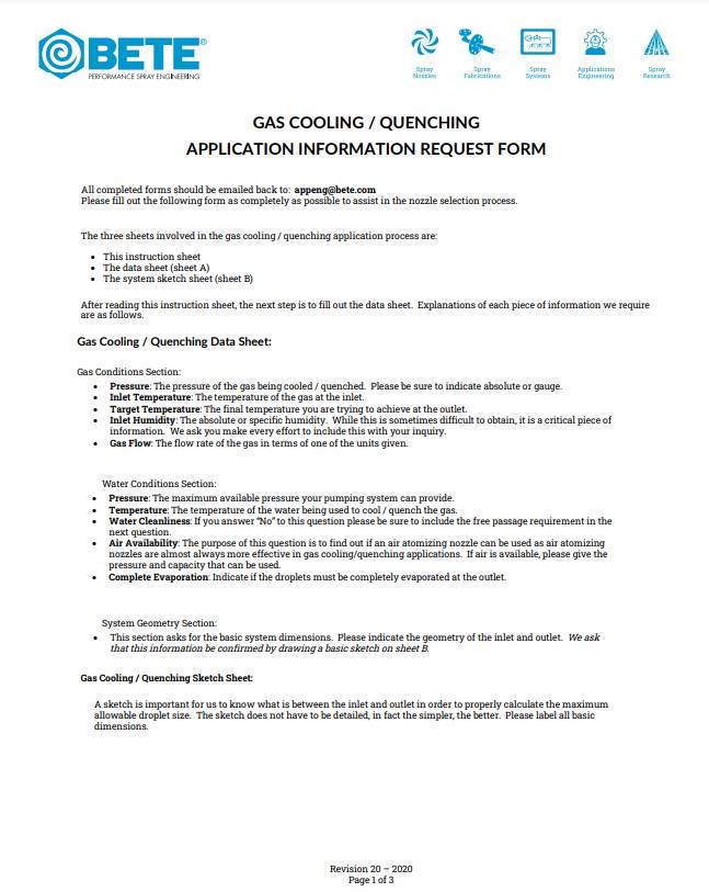 BETE Spray Nozzles For Gas Cooling & Conditioning - Gas/Cooling Quenching Application Information Request Form