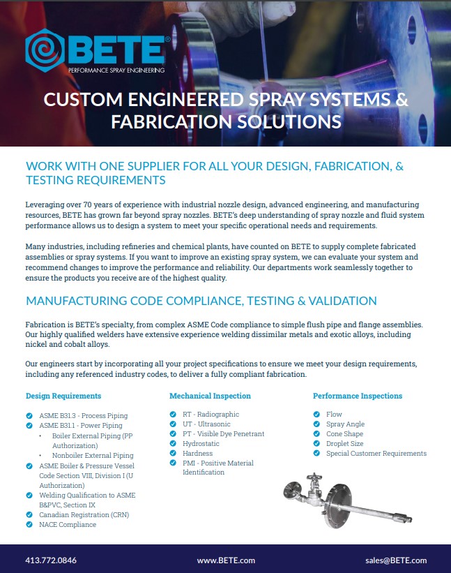 BETE Spray Nozzles - Custom Engineered Spray Systems & Fabrication Solutions Line Card