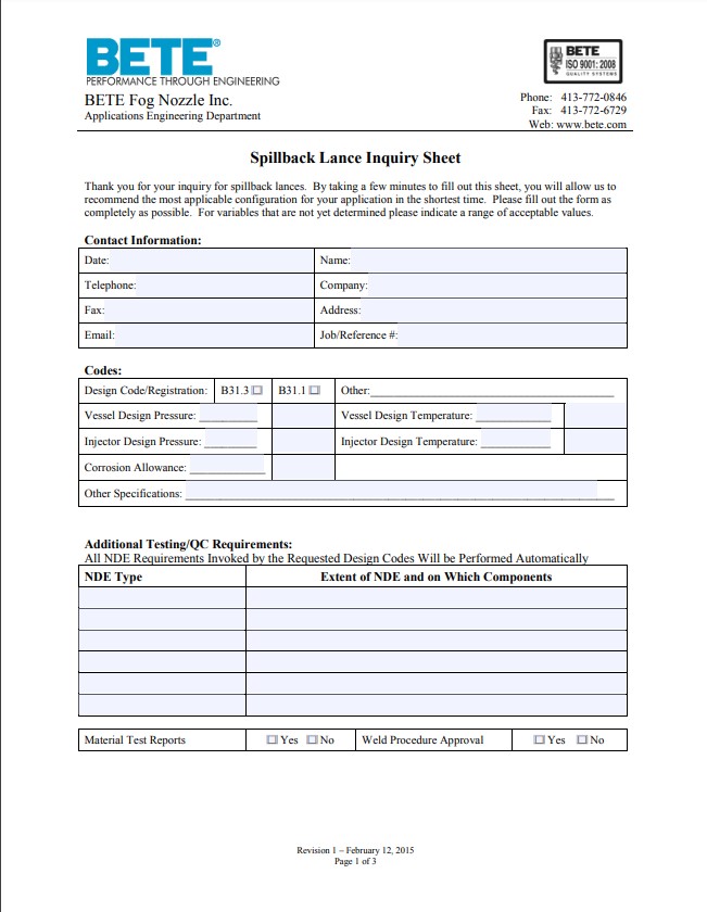 BETE Spillback Lance Inquiry Sheet