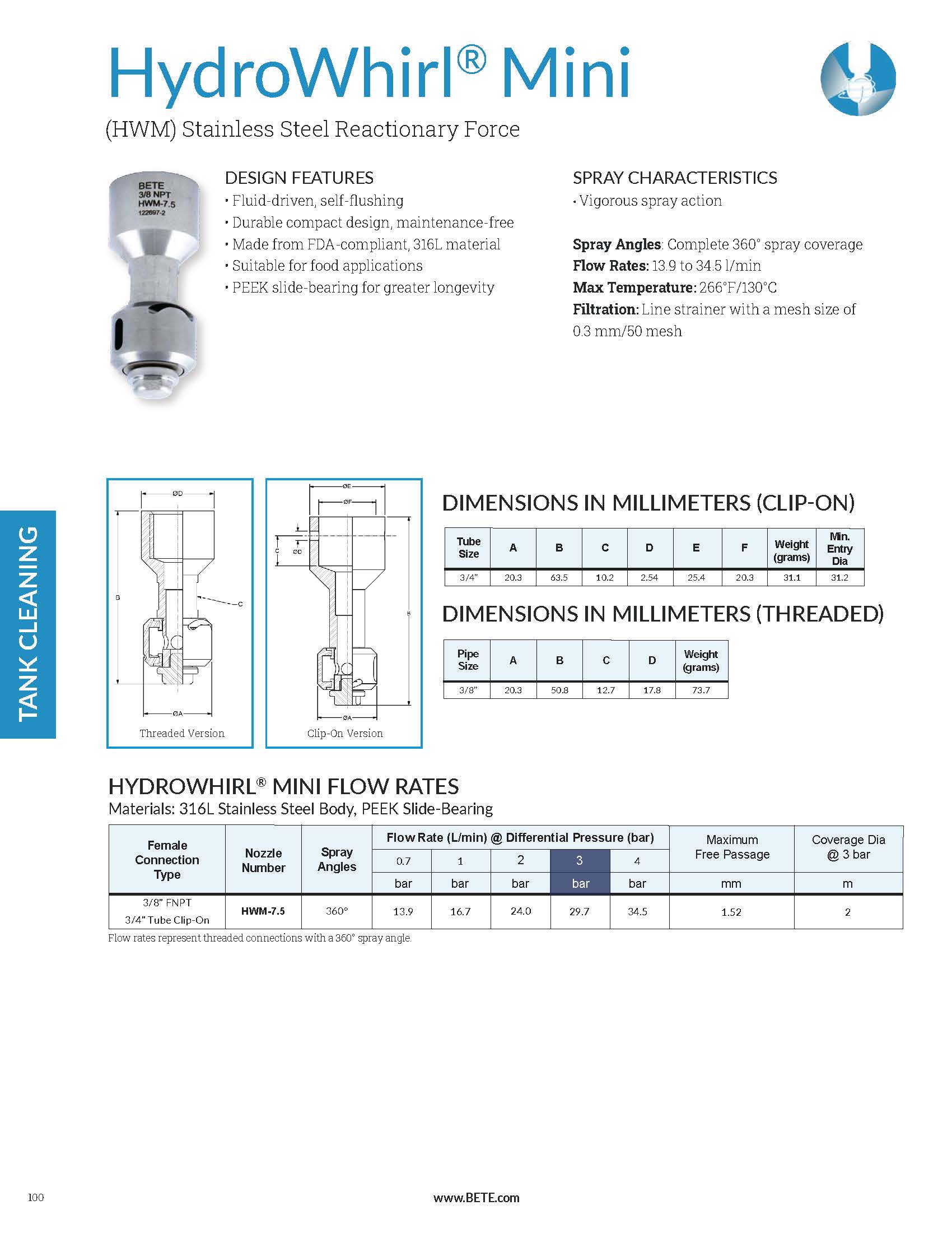 BETE HydroWhirl Mini SS Datasheet - Metric