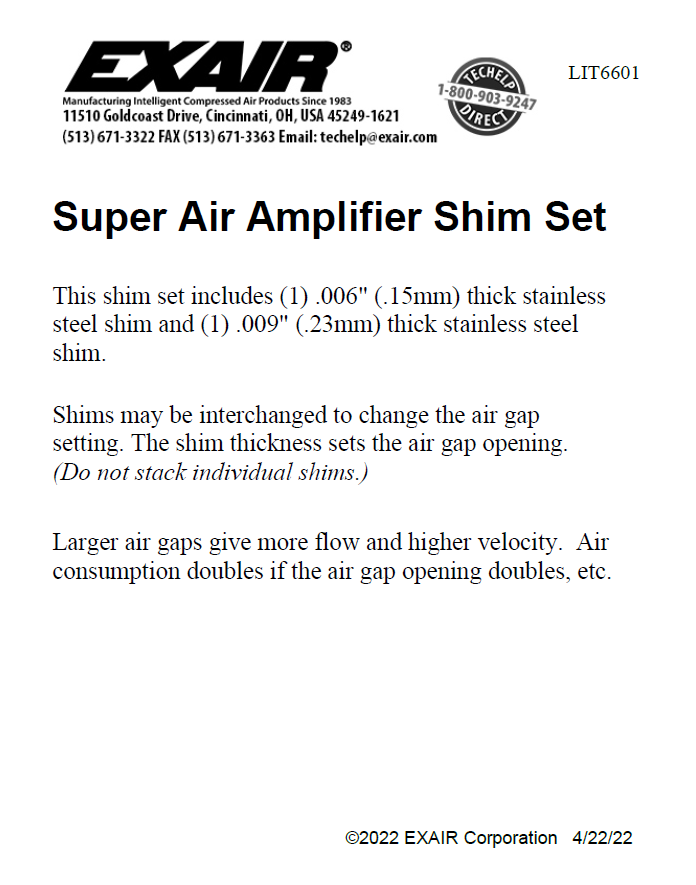 EXAIR Super Air Amplifier with Shim Set Install Sheet