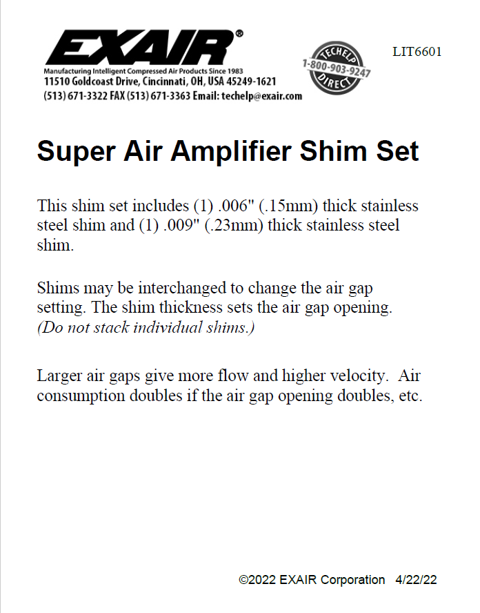 EXAIR Air Amplifier with Shim Set Install Sheet