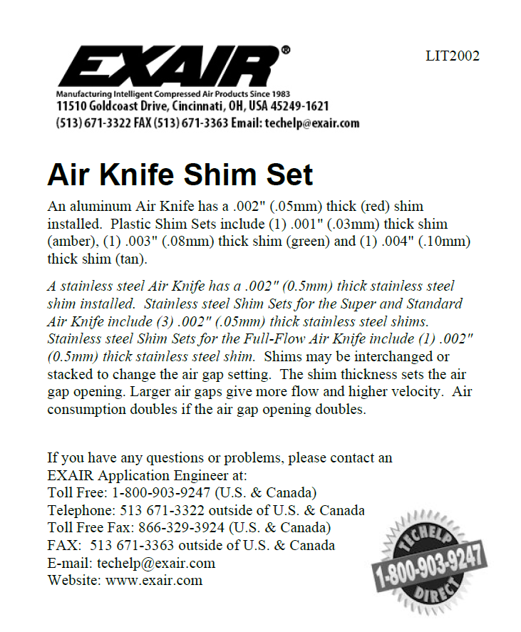 EXAIR Air Knife Shim Set Installation Sheet