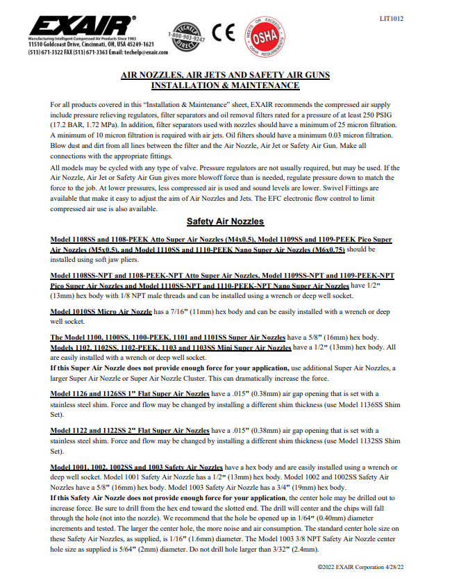 EXAIR Air Nozzles, Air Jets and Safety Air Guns Install Sheet