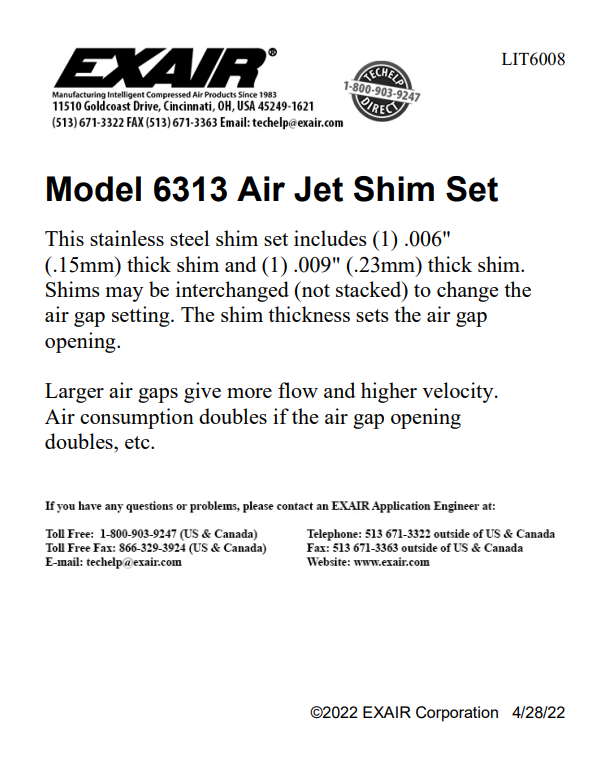 EXAIR Model 6313 Air Jet Shim Set Install Sheet