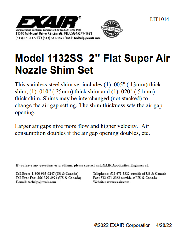 EXAIR 2 inch Super Air Nozzle Shim Set Install Sheet