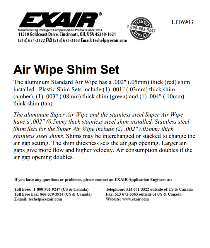 EXAIR Air Wipe Shim Set Sheet