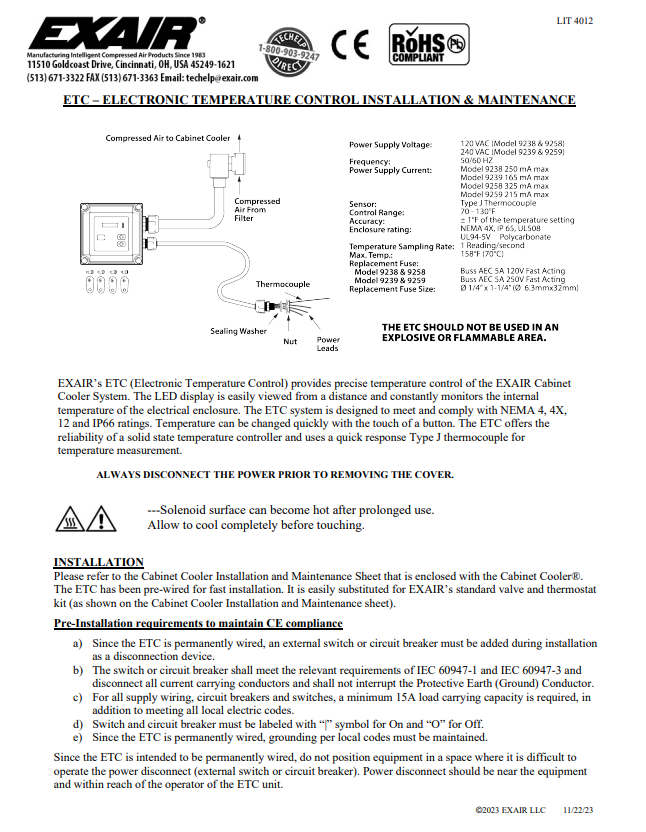 EXAIR Cabinet Cooler - Electronic Temperature Control Install Sheet 