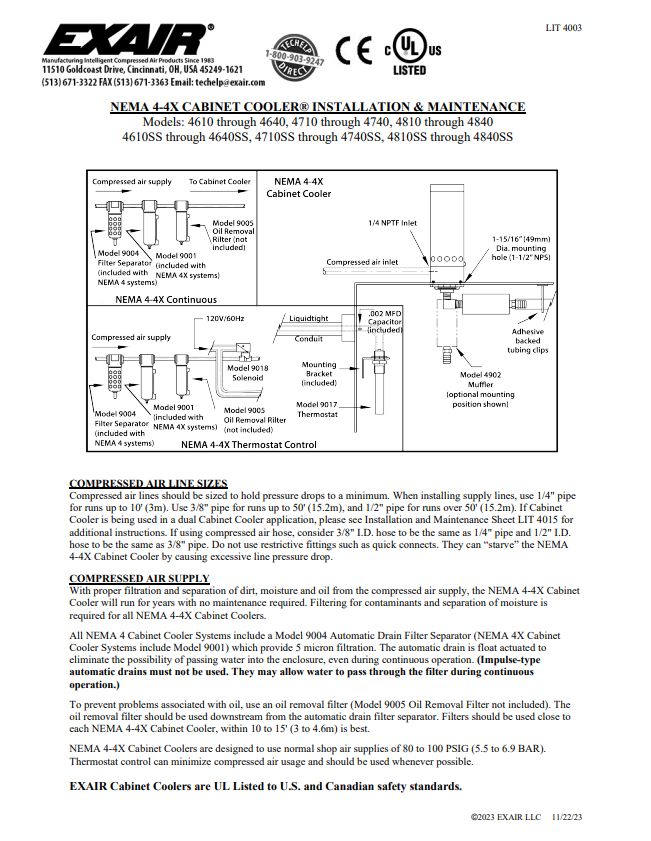 EXAIR Cabinet Cooler - Large NEMA 4/4X Install Sheet