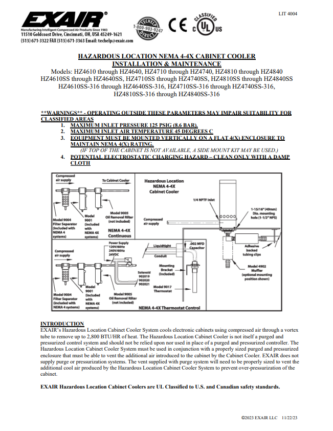 EXAIR Cabinet Cooler - Hazardous Location Cabinet Cooler Install Sheet