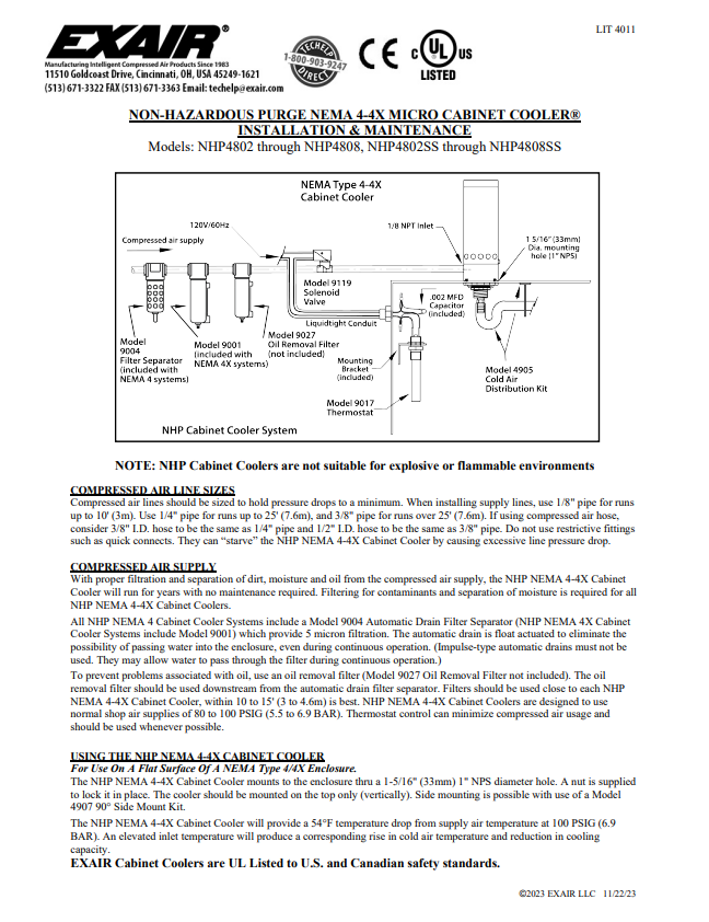 EXAIR Cabinet Cooler - NHP NEMA 4/4X Install Sheet