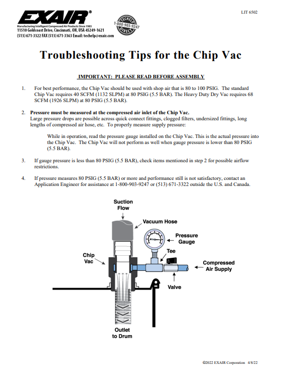 EXAIR Chip Vac Troubleshoot Sheet