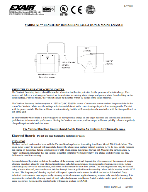EXAIR Varistat Benchtop Ionizer Install Sheet