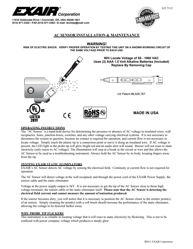 EXAIR AC Sensor Install Sheet