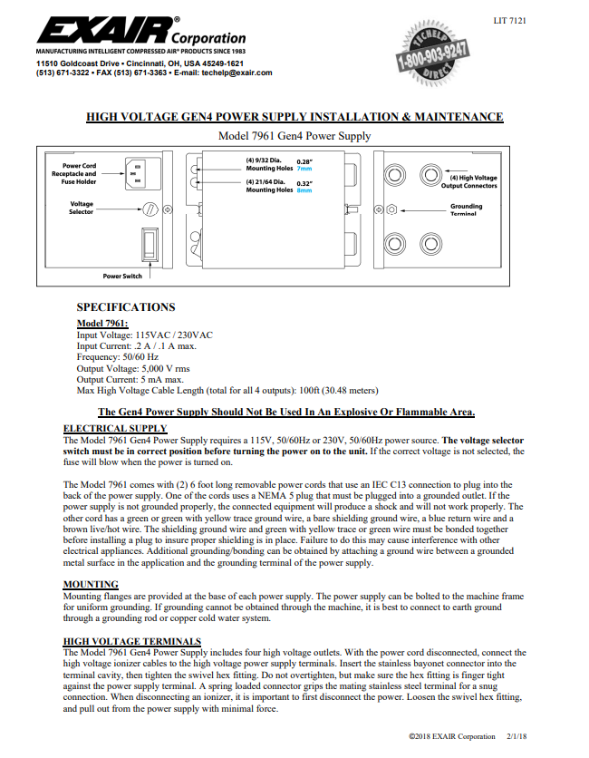 EXAIR Model 7961 Power Supply Install Sheet